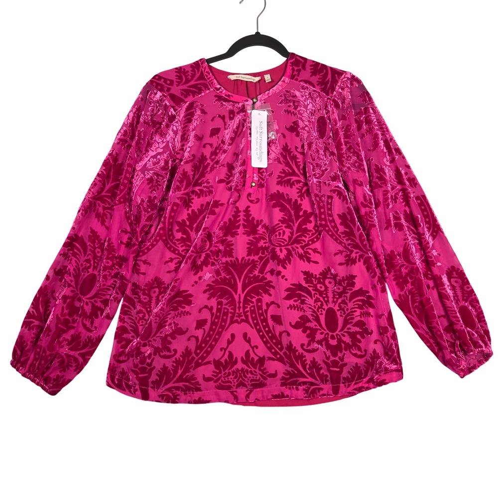 Soft Surroundings NEW Reesha Burnout Velvet Damask Blouse Top Women Small Pink